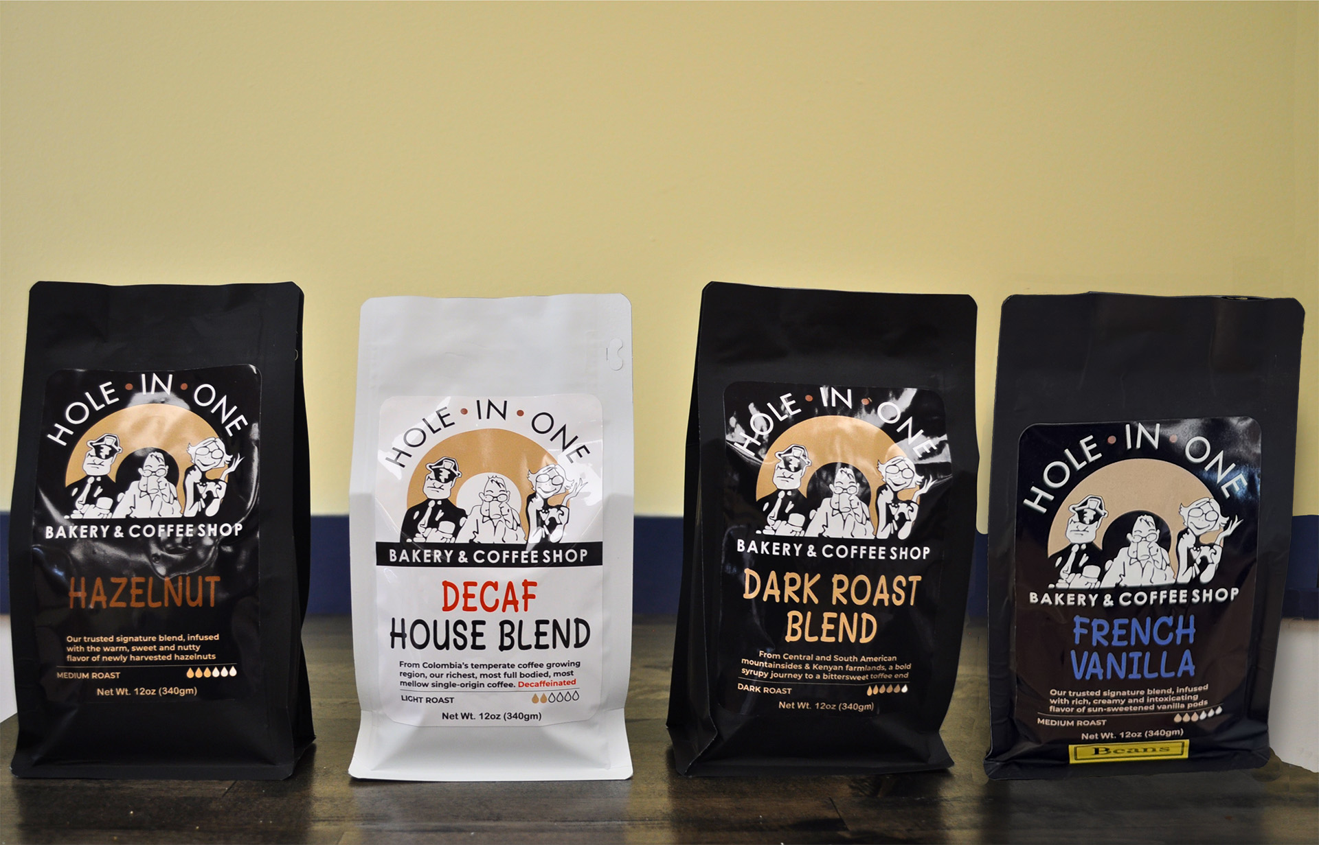 Enjoy your favorite Hole in One coffees right at home with our bags of ground or whole bean coffee.