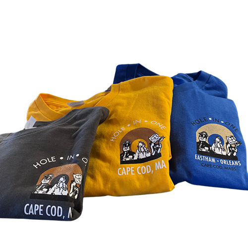 Show your support for locally owned Cape Cod business Hole in One in our cotton t-shirts, available in multiple colors