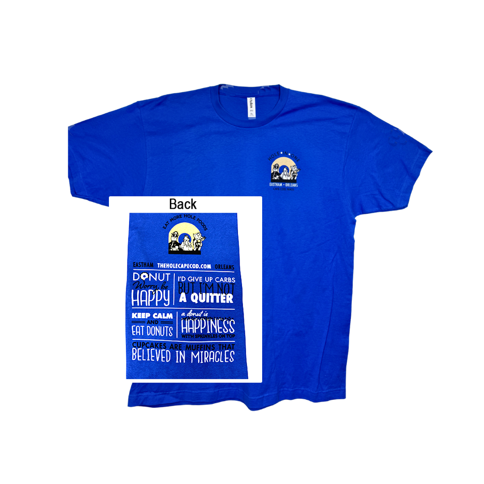 Hole in One offers a short sleeve blue t-shirt with their fun donut and coffee word cloud on the back